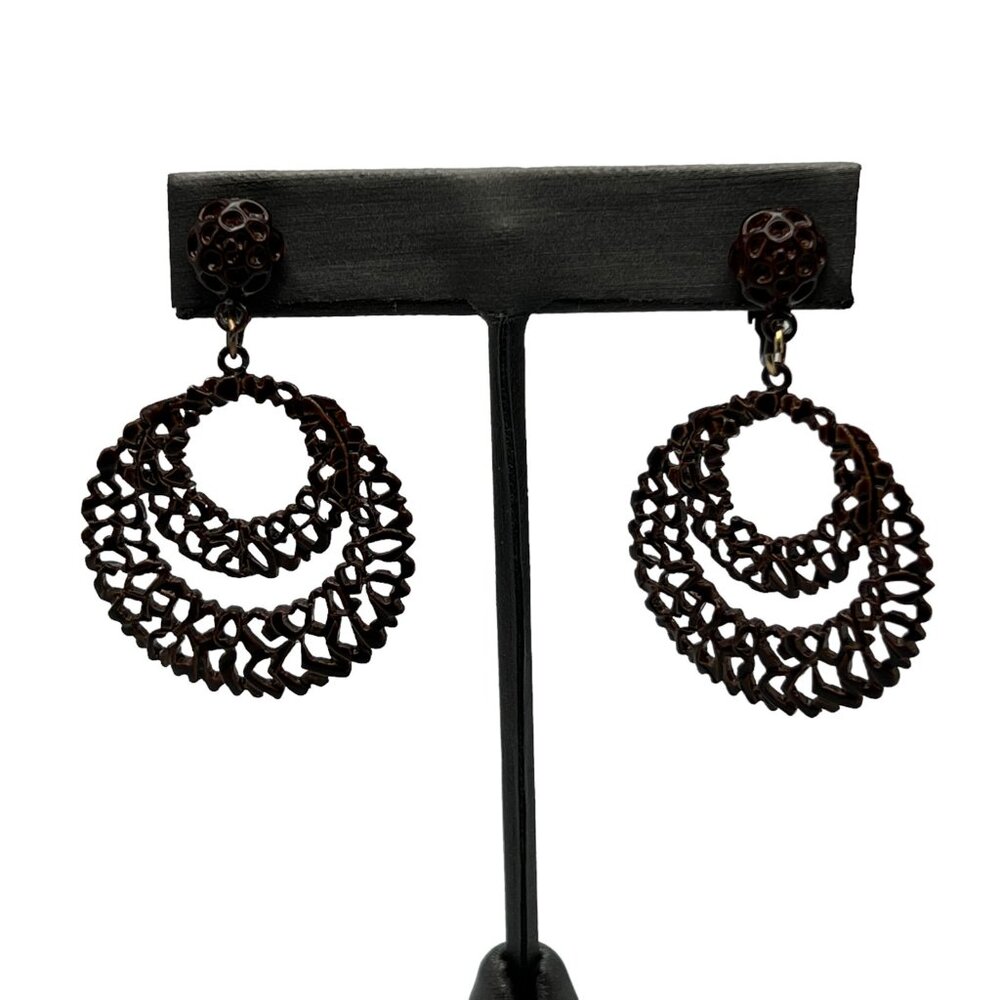 Vintage Clip On Earrings Brown Metal Enamel Open Weave Dangle Drop‎